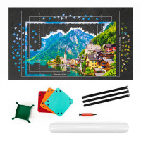 Covoras pentru puzzle de pana la 1500 de piese, cu rola gonflabila pentru pastrarea puzzle-ului inceput, 4 organizatoare pentru sortarea pieselor, pom
