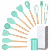Set Sersimo 12 ustensile de bucatarie din silicon termorezistent si maner din bambus, verde