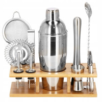 Set Cocktail Shaker Kit pentru barmani 750ml, KI10, suport bambus, 12 piese Set Cocktail Shaker Kit pentru barmani 750ml, KI10, suport bambus, 12 piese
