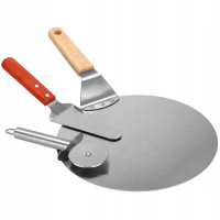 Set 3 accesorii pentru pizza, tava, spatula si taietor, inox cu manere din lemn Set 3 accesorii pentru pizza, tava, spatula si taietor, inox cu manere din lemn