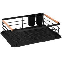 Uscator de vase cu suport tacamuri, din otel, cu tava de scurgere, manere lemn, 42x32x15cm, negru Uscator de vase cu suport tacamuri, din otel, cu tava de scurgere, manere lemn, 42x32x15cm, negru
