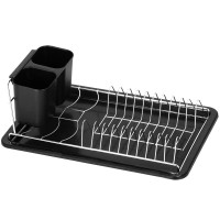 Uscator de vase cu suport tacamuri, din otel cromat, cu tava de scurgere, 40x19x13cm, negru Uscator de vase cu suport tacamuri, din otel cromat, cu tava de scurgere, 40x19x13cm, negru
