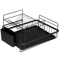 Uscator de vase cu suport tacamuri, din otel, pe 2 nivele, cu tava de scurgere, 50x30x24cm, negru Uscator de vase cu suport tacamuri, din otel, pe 2 nivele, cu tava de scurgere, 50x30x24cm, negru