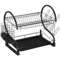 Uscator de vase cu suport pahare si tacamuri, din otel, pe 2 nivele, cu tava de scurgere, 52x25x37cm, negru Uscator de vase cu suport pahare si tacamuri, din otel, pe 2 nivele, cu tava de scurgere, 52x25x37cm, negru