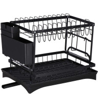 Uscator de vase cu suport pahare si tacamuri, din otel, pe 2 nivele, cu sistem drenaj, 42x30x30cm, negru