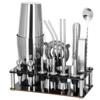 Set barman 14 piese din inox, cu shaker 750 ml, dozatoare, ustensile si suport, pentru cocktailuri, gri