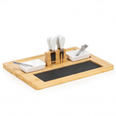 Set servire branzeturi cu platou din bambus si piatra, 2 boluri, 10 accesorii, 40x30x8 cm
