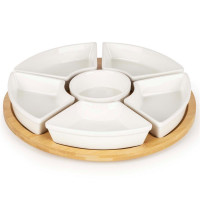 Set servire rotativ cu platou din bambus si 6 boluri din portelan, 30 cm, maro natur si alb Set servire rotativ cu platou din bambus si 6 boluri din portelan, 30 cm, maro natur si alb