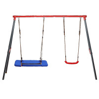 Leagan de gradina dublu cu scaun si cuib barza, cadru metalic, 290x180x200 cm, rosu si albastru