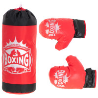 Set sac de box pentru copii 53x45 cm, cu manusi incluse, pentru antrenament acasa, rosu-negru