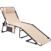 Sezlong pliabil 190x58x30 cm, cu spatar reglabil, perna si buzunar lateral, cadru metalic, crem Sezlong pliabil 190x58x30 cm, cu spatar reglabil, perna si buzunar lateral, cadru metalic, crem