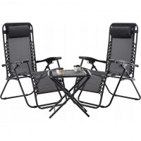 Set 2 sezlonguri pliabile 90x65x110 cm cu masuta 50x50x50 cm, textilene si cadru metalic, negru Set 2 sezlonguri pliabile 90x65x110 cm cu masuta 50x50x50 cm, textilene si cadru metalic, negru