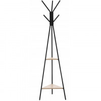 Cuier hol, metalic, 2 rafturi MDF, design minimalist, 180 cm, negru