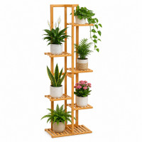 Suport pentru plante si ghivece cu 6 niveluri, din bambus natural, design vertical cu rafturi asimetrice pentru expunerea plantelor la diferite inalti