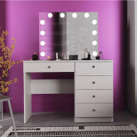 Masa de toaleta si machiaj Cristal Full cu oglinda LED si 5 sertare, 110x47x77 cm, alb