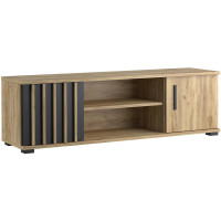 Comoda TV moderna 140x37 cm cu 2 usi si rafturi, finisaj craft cu negru Comoda TV moderna 140x37 cm cu 2 usi si rafturi, finisaj craft cu negru