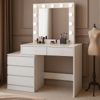 Masa de toaleta si machiaj Adele cu 5 sertare si oglinda 12 LED, 113x47x142 cm, alb