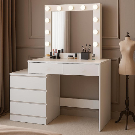 Masa de toaleta si machiaj Adele cu 5 sertare si oglinda 12 LED, 113x47x142 cm, alb [1]