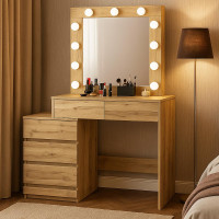 Masa de toaleta si machiaj Adele cu 5 sertare si oglinda 12 LED, 113x47x142 cm, craft