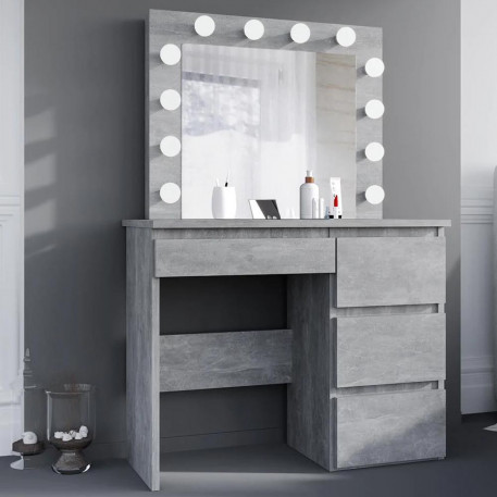 Masa de toaleta si machiaj Hollywood cu oglinda LED si 4 sertare, 94x43x140 cm, gri beton [1]