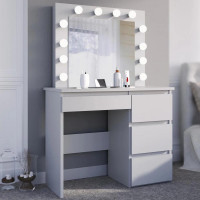 Masa de toaleta si machiaj Hollywood cu oglinda LED si 4 sertare, 94x43x140 cm, alb mat