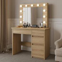 Masa de toaleta si machiaj Hollywood cu oglinda LED si 4 sertare, 94x43x140 cm, stejar