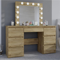 Masa de toaleta si machiaj cu oglinda LED si 7 sertare, 120x43x140 cm, craft