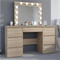 Masa de toaleta si machiaj cu oglinda LED si 7 sertare, 120x43x140 cm, sonoma
