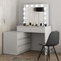 Masa de toaleta si machiaj colt Carla cu oglinda 12 LED si comoda 5 sertare, montaj stanga/dreapta, alb