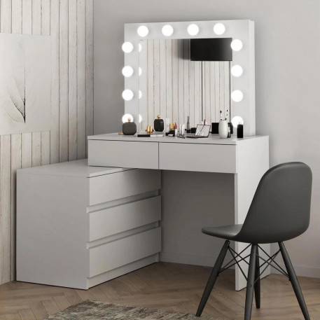 Masa de toaleta si machiaj colt Carla cu oglinda 12 LED si comoda 5 sertare, montaj stanga/dreapta, alb [1]