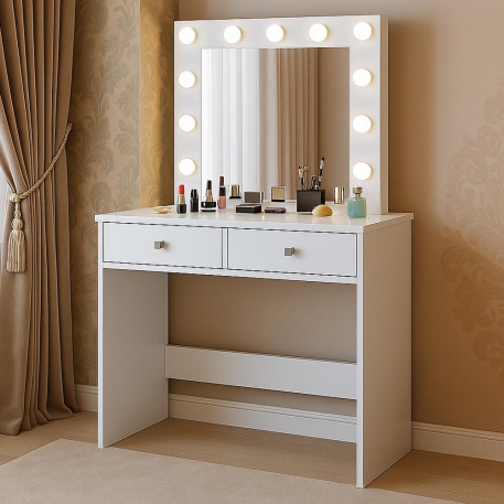 Masa de toaleta si machiaj Mega 12 LED, 100x50x144 cm, cu oglinda iluminata si 2 sertare, alb [1]