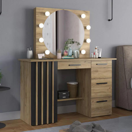 Masa de toaleta si machiaj 120x45x140 cm cu oglinda LED si 4 sertare, stil loft, craft si negru [1]