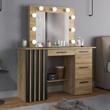 Masa de toaleta si machiaj suspendabila 120x45x140 cm cu oglinda LED si 4 sertare, craft si negru [1]