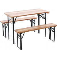 Set berarie din lemn masiv, plabil, pentru terasa sau gradina, o masa si doua banci, 117x56cm, natur