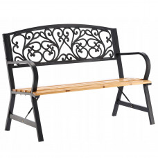 Banca de gradina din lemn si cadru otel, cu spatar decorativ, 120x56x87 cm, negru si maro natur
