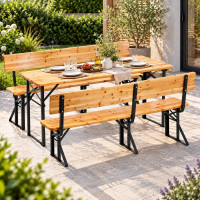 Set mobilier pliabil pentru gradina si evenimente, 3 piese, masa si 2 banci cu spatar pentru confort sporit, lemn de pin impregnat si lacuit, cadru di