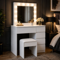 Masa de toaleta si machiaj Hollywood Pro, alba, cu 5 sertare, oglinda si 12 LED-uri, taburet tapitat, 94x43x140 cm Masa de toaleta si machiaj Hollywood Pro, alba, cu 5 sertare, oglinda si 12 LED-uri, taburet tapitat, 94x43x140 cm