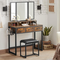 VASAGLE Masuta toaleta 90x40x141 cm, cu 3 sertare, oglinda tripla si taburet, lemn si otel, maro rustic si negru