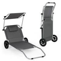 Sezlong pliabil pentru plaja cu roti, cadru metalic si tesatura oxford, parasolar si tetiera, 120 kg, gri Sezlong pliabil pentru plaja cu roti, cadru metalic si tesatura oxford, parasolar si tetiera, 120 kg, gri