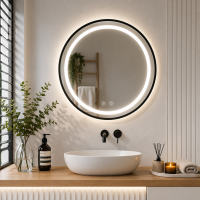 Oglinda baie LED rotunda cu functie anti-aburire, iluminare reglabila cu control tactil, 60 cm, negru