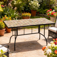 Masa de gradina dreptunghiulara cu blat mozaic si cadru metalic, 150x80x74 cm
