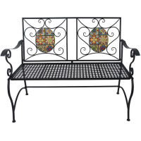 Banca de gradina, cadru metalic cu mozaic decorativ, 115x56x90 cm, negru
