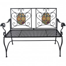 Banca de gradina, cadru metalic cu mozaic decorativ, 115x56x90 cm, negru