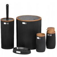 Set de accesorii rotunde pentru baie din plastic, 5 piese, negru cu accesorii din lemn Set de accesorii rotunde pentru baie din plastic, 5 piese, negru cu accesorii din lemn