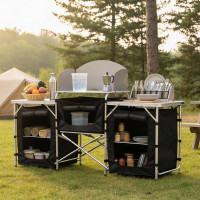 Bucatarie de camping pliabila cu 3 blaturi, cadru aluminiu, portabila pentru exterior, 175x40x111 cm
