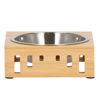 Castron inox, bol, pentru caine sau pisica, cu suport din bambus, 15cm Castron inox, bol, pentru caine sau pisica, cu suport din bambus, 15cm