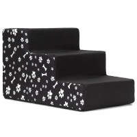 Scara pentru animale de companie, caini sau pisici, 3 trepte, antiderapanta, husa detasabila, inaltime 30 cm, negru cu decor alb