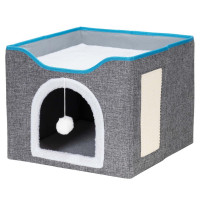 Casuta pentru pisici cu platforma si jucarie suspendata, structura din lemn si husa textila, 42x41x34 cm, gri Casuta pentru pisici cu platforma si jucarie suspendata, structura din lemn si husa textila, 42x41x34 cm, gri