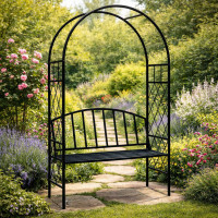 Pergola pentru gradina cu banca, structura otel, design arcuit, 115x45x208 cm, negru