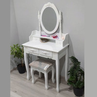 Set Masa de toaleta si machiaj cu taburet Sophia, alba, cu 3 sertare si oglinda, 71x40x135 cm